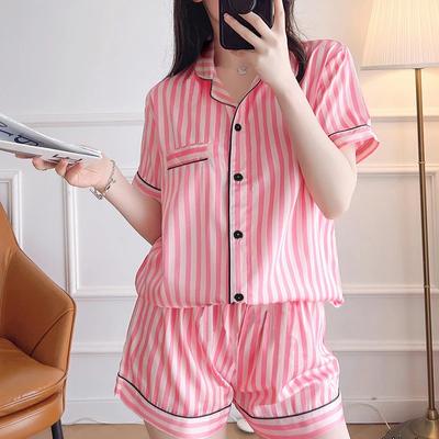 2pcs Satin Pajama Set Silk With Short Sleeve Collared Shirt And Bow Tie Striped Shorts For Women Summer Sleepwear & Loungewear