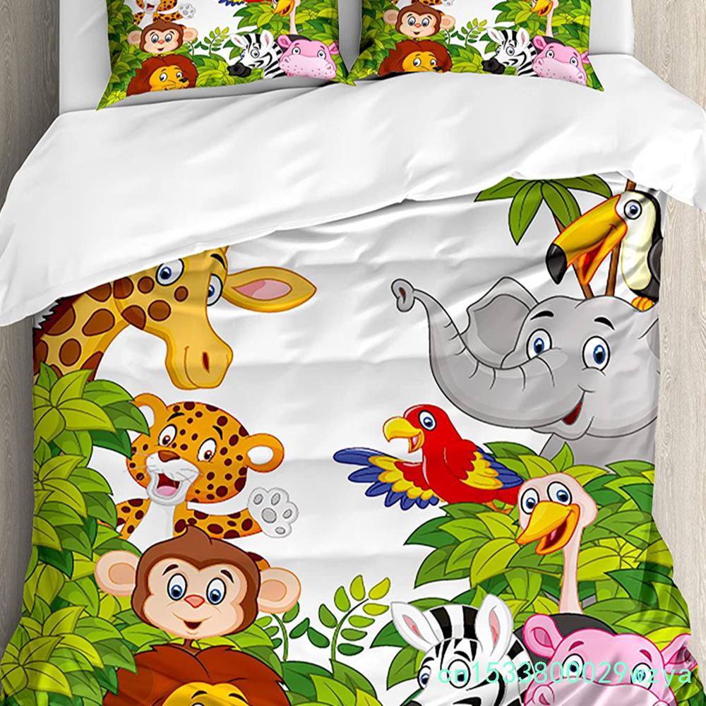 Nursery Bedding Set Comforter Duvet Cover Pillow Shams Funny Playful Jungle Animals Wildlife Mammal Bedding Cover Double Bed Set