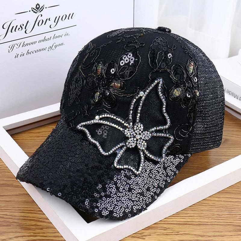 Damen Schwarz Strass Schmetterling Verziert Basecap Verstellbar Atmungsaktiv Netz Frühling Sommer Herbst Hut