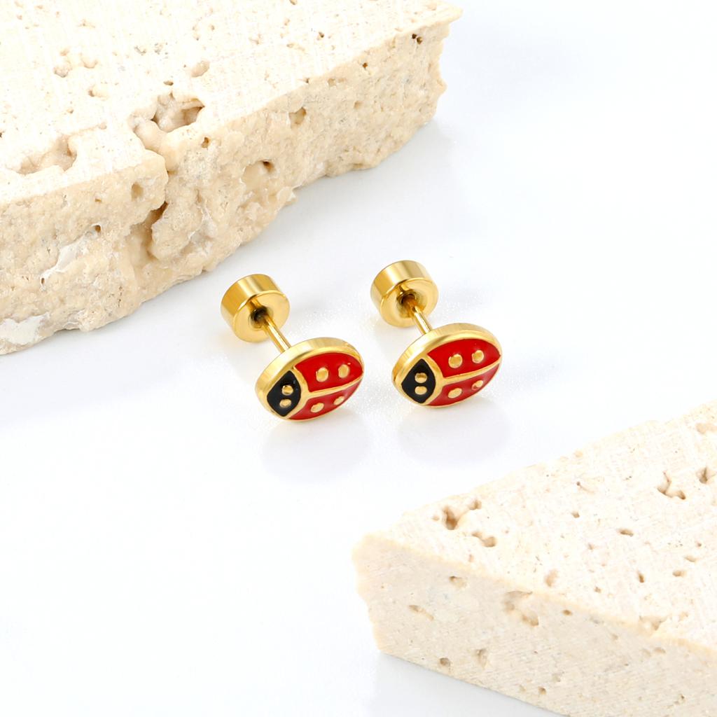 Cute Girls Ladybug Animal Enamel Stud Earrings Twist Pack for Children/Teenagers Titanium Steel 1pairs Drip-Oil Insect Piercing