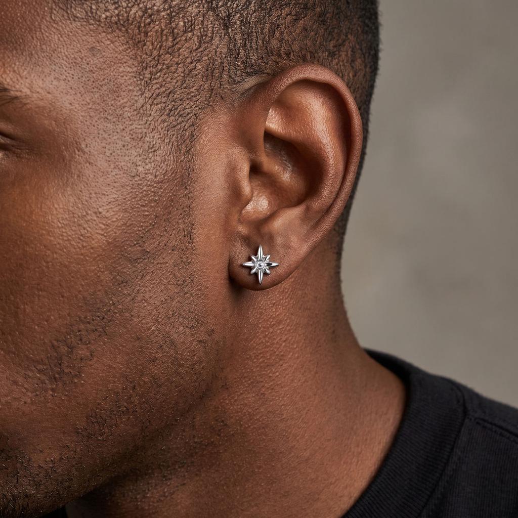 Xiaomi Vnox Stainless Steel Eight-pointed Star Stud Earrings, White Zircon North Star Earring for Men, Punk Minimalist Ear Jewelry Gift