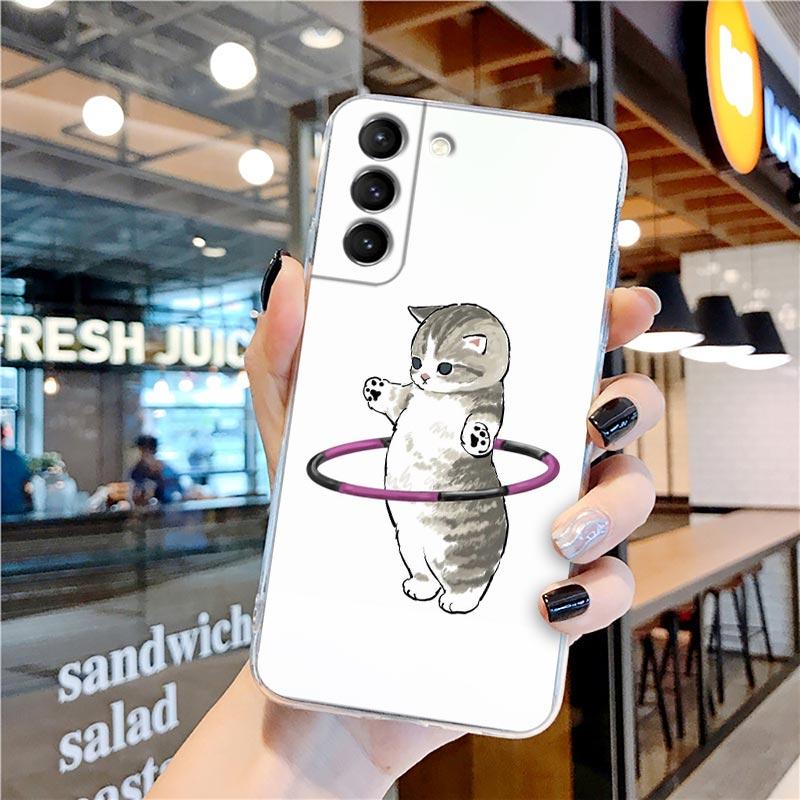 Funny Cartoon Line Art Cat Cute Animal Transparent Case for Samsung Galaxy S22 S21 S20 FE S 22 Ultra S10E S9 Plus 5G Cover Coque