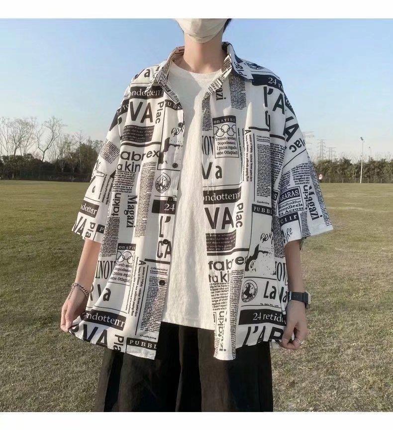 

Men s Floral Newspaper Print Short Sleeve Korean Streetwear Shirt 3XL чорний