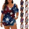Women’s Short Sleeve Cold Shoulder Top with Star Print Distressed Graphic Loose Fit Pullover Casual Shirt for Summer
