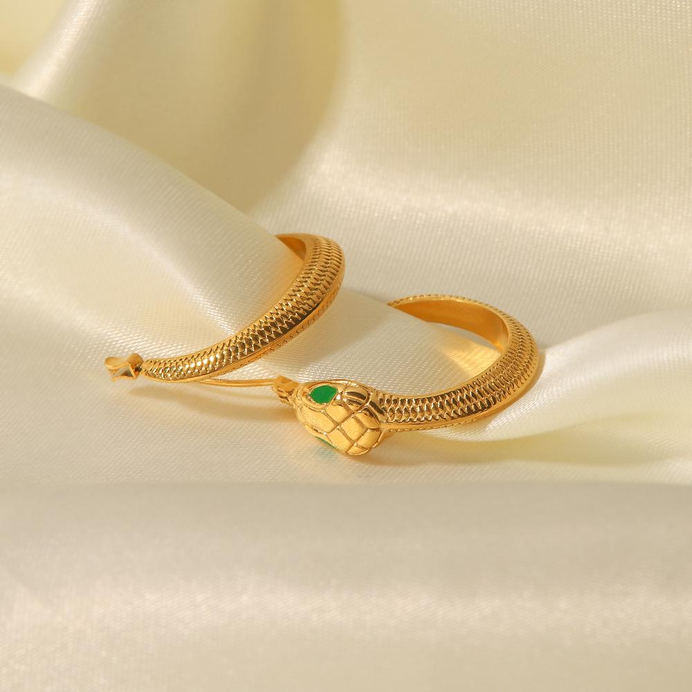 Stainless Steel Snake Earrings with Green Eyes - Fashionable, Non-Fading Design for Women