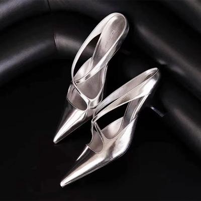 Fashion Elegant Leather Muels Sandals Women Sexy Pointy Toe Cross Strap Design Slide Sandals Luxury Party Dress Heels Sandalias De Mujer
