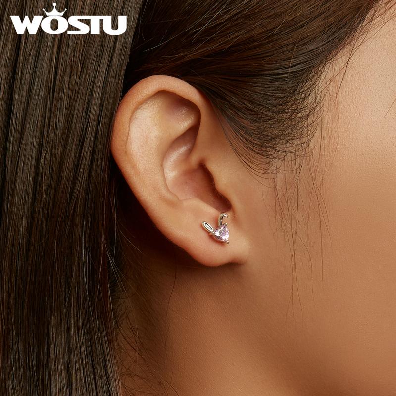 WOSTU Pendientes de plata de ley 925 con forma de orejas de conejo y liebre, con circonita y corazón rosa, para mujer.