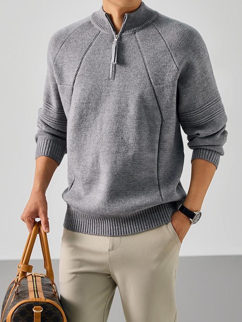 Men's Retro Jacquard Half-Zip Knit Sweater - Solid Color, Versatile, High Weight Layer for Autumn & Winter Casual Wear