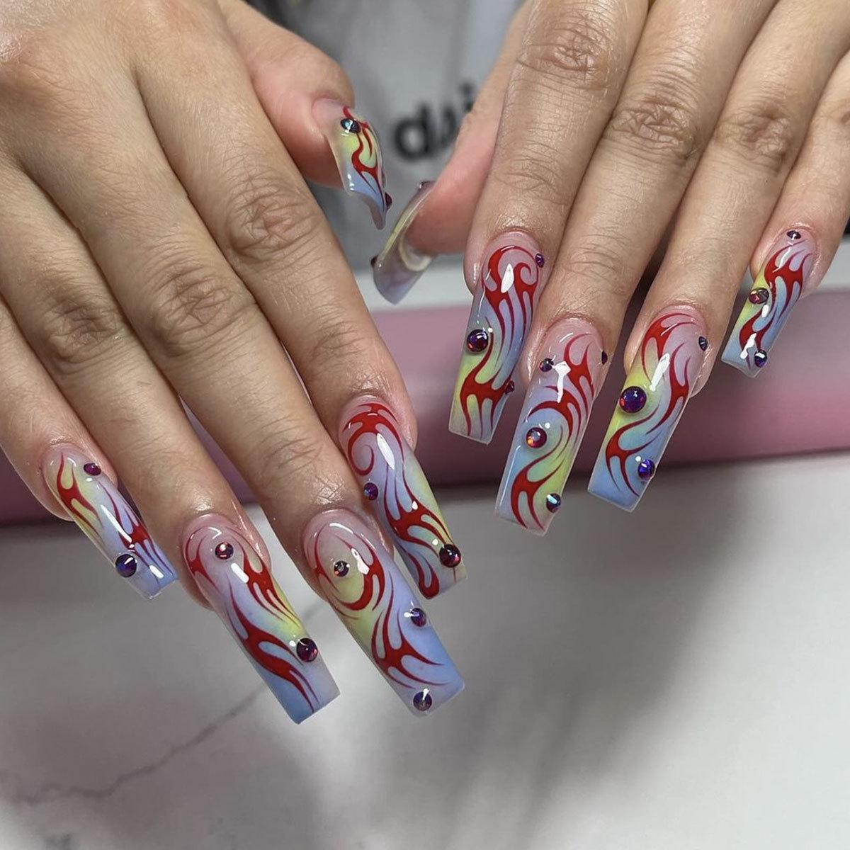 

Blue and Yellow Gradient Irregular Diamond-Inlaid Long Coffin False Nails