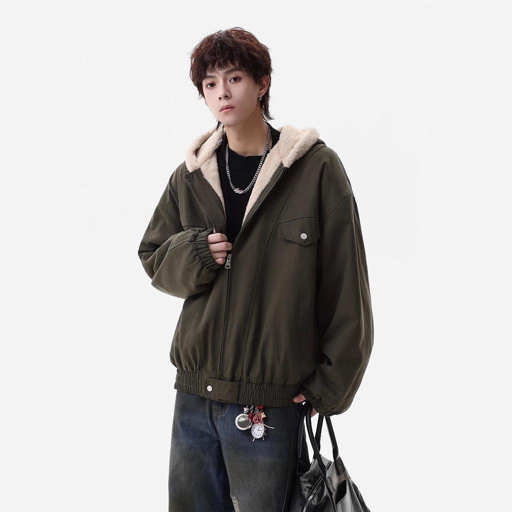 Zuoshan Diao Men's Hooded Cotton Jacket: Winter Velvet, Thick, Loose Fit, Youthful Trendy American Workwear Style.