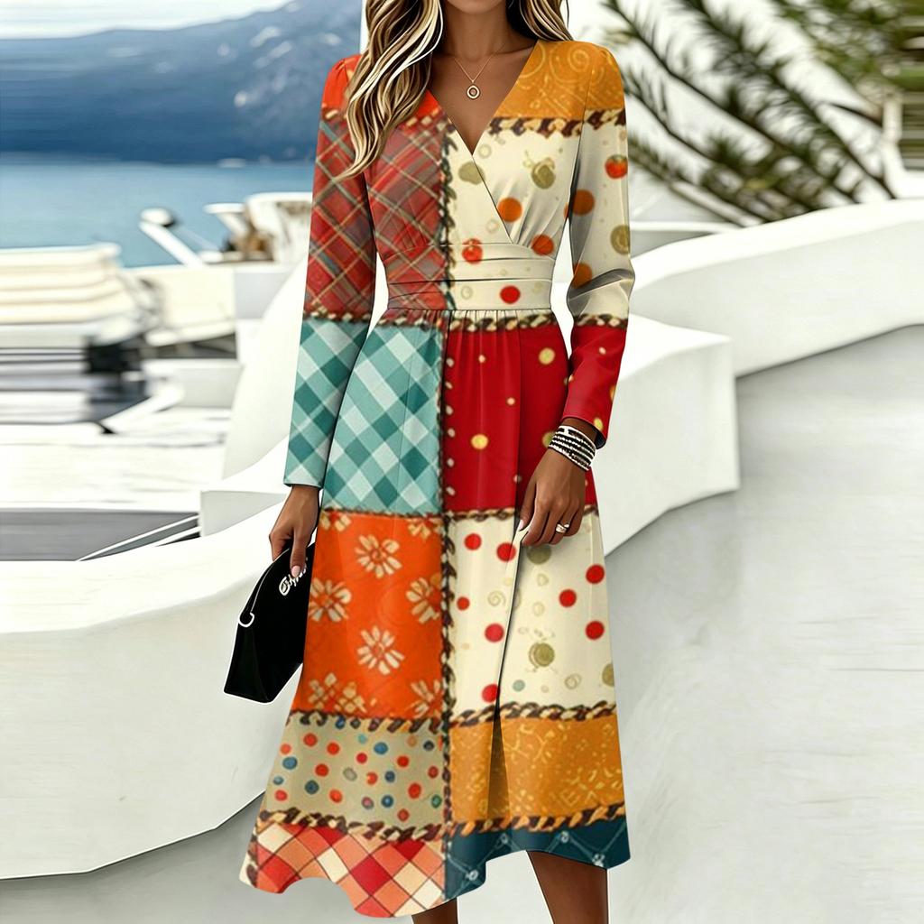 Women's Casual Color Block Plaid Print Long Sleeve V-Neck Dress with Pockets