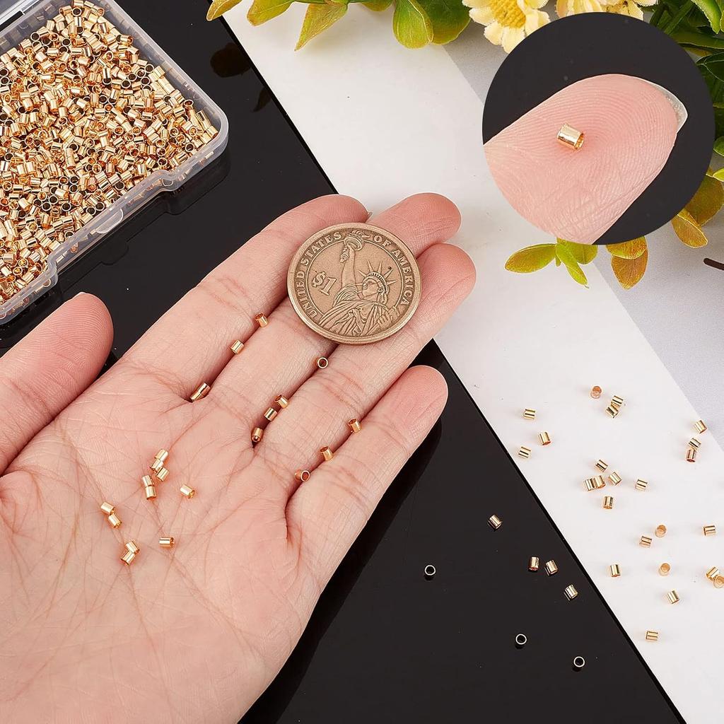 Beebeecraft 1 Box 1000Pcs Crimp Tube Beads 18K Gold Plated Crimping Tube Spacers Cord End Caps 2mm Loose Tiny Stopper Beads for Earring Necklace