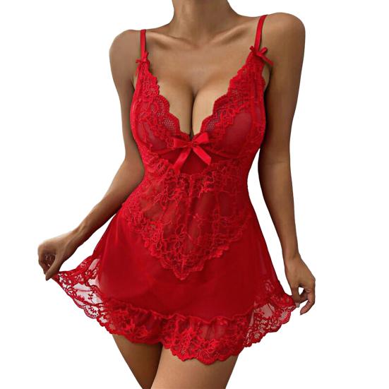 Women's Sexy Bow Sheer Mesh Babydoll Nightdress Chemise V Neck Sleepwear with G String Thong Set Floral Lace Boudoir Outfits
