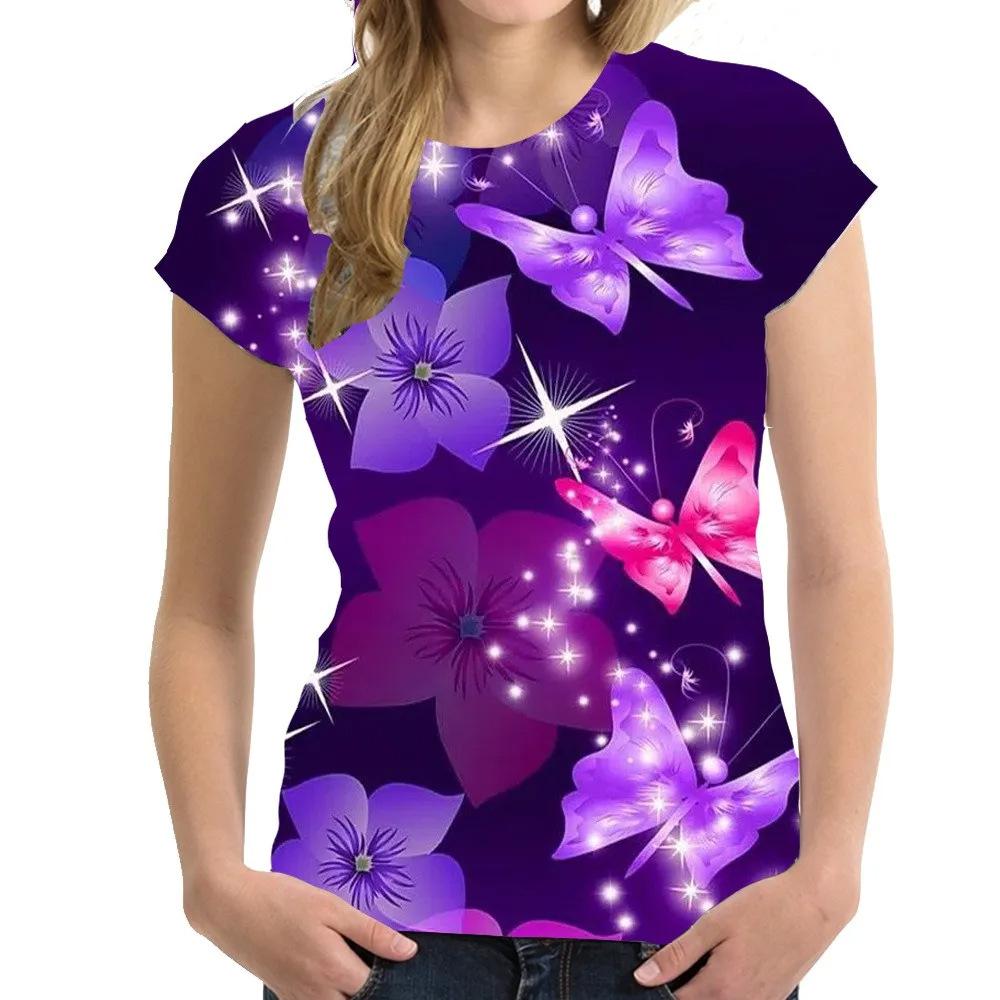 

Летний топ с круглым вырезом и принтом 3D-бабочки, модные повседневные женские футболки с короткими рукавами 6XL