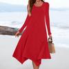 Women's Casual Fashion Round Neck Long Sleeve Solid Color Irregular Hem Midi Dress