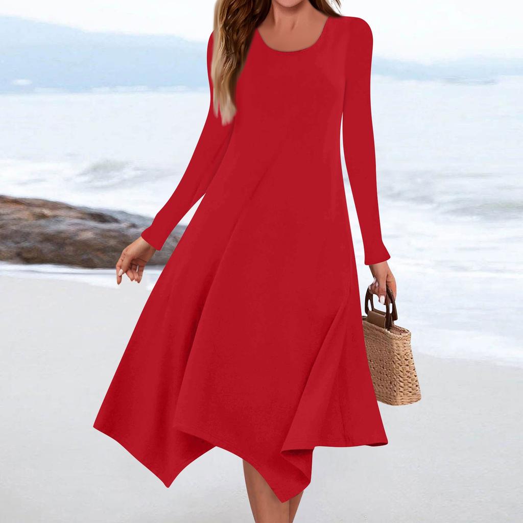 Women's Casual Fashion Round Neck Long Sleeve Solid Color Irregular Hem Midi Dress