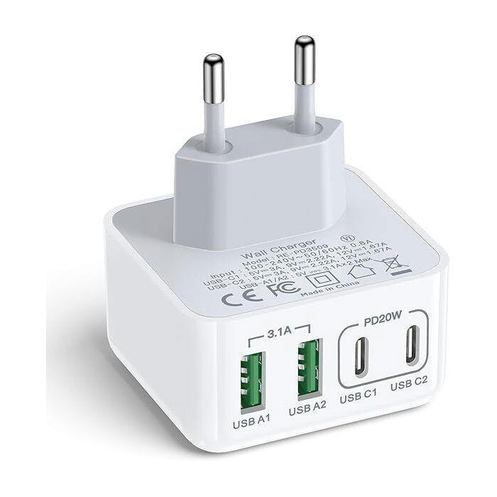 USB C nabíječka - Aioneus - 40W - 4 porty - Rychlé nabíjení - Kompatibilní s iPhone a Samsung Galaxy