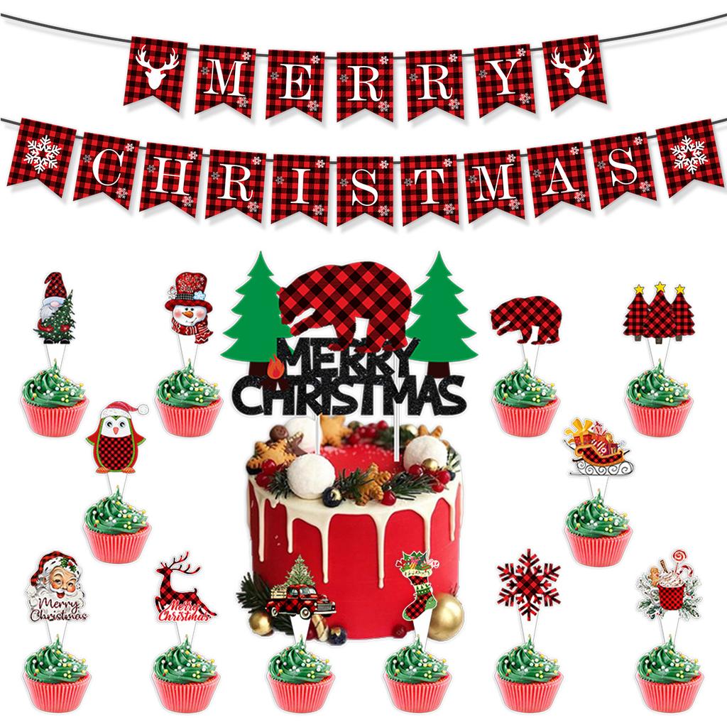 Christmas Decoration Arrangement Red And Black Plaid Happy Holidays Flag Balloon Cake Card Set
