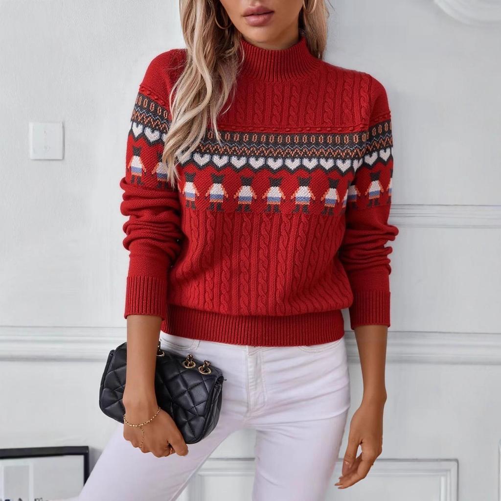 2025 Autumn/Winter Stand Collar Jacquard Long Sleeve Color Block Knit Pullover Sweater