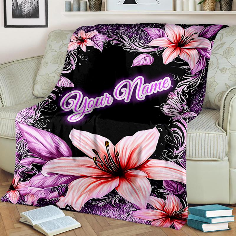 1PC Custom Name Floral Name Artwork Flannel blankets Patterns Throw Blanket All-Season Soft Gift for Couch, Bed, Camping gifts