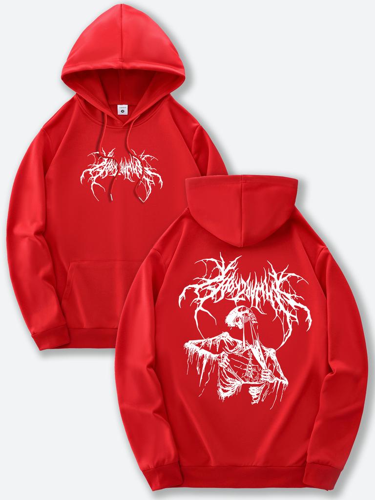 Black Hoodie Men's Skull & Branch Graphic Print Streetwear Gothic Style Autumn/Winter Thicken Fleece Lined Sweatshirt S-3XL