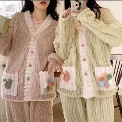 Autumn and Winter New Sweet Flannel Pajamas Set Thick Warm Korean Version Fresh Fairy Style Can Be Worn Outside The Home
