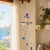 Coastal Wind Chimes with Blue and White Sailboats, Carving and Painted Detail, and Metal Tube, Star Pendants for Entryway Decors