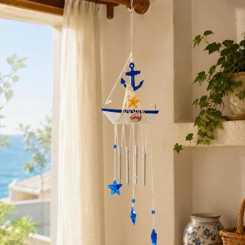 Coastal Wind Chimes with Blue and White Sailboats, Carving and Painted Detail, and Metal Tube, Star Pendants for Entryway Decors
