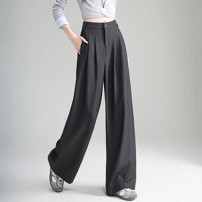2025 Herbst Damen High Waist Graue Wolle Weitbeinige Hose - Koreanischer Stil, Bodenlang, Relaxed Fit