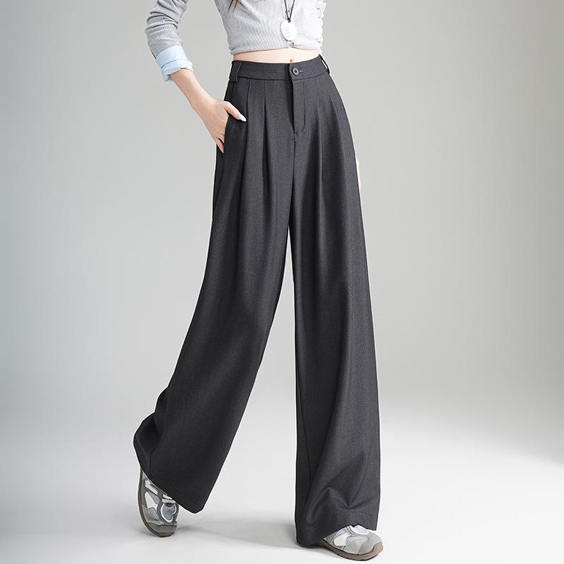 

2025 Autumn Women s High Waist Grey Wool Wide-Leg Trousers - Korean Style, Floor-Length, Relaxed Fit L сірий
