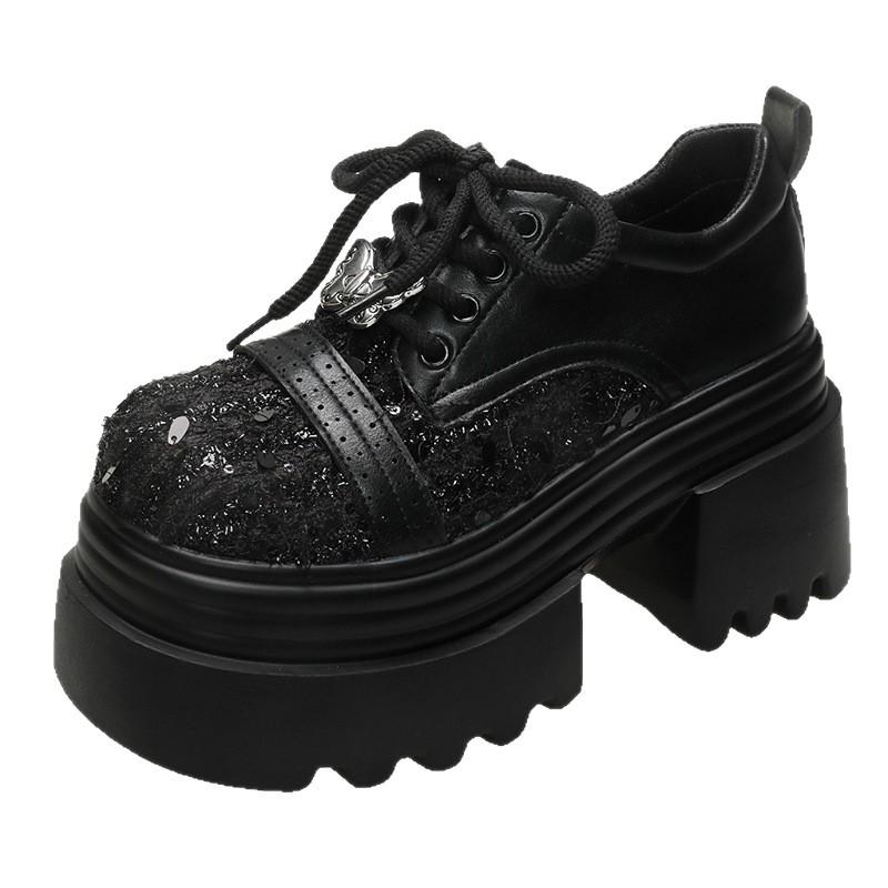 European 2025 new leather sequined cloth thick sole thick heel lace-up low-top shoes single shoes round head loafers women's shoes
