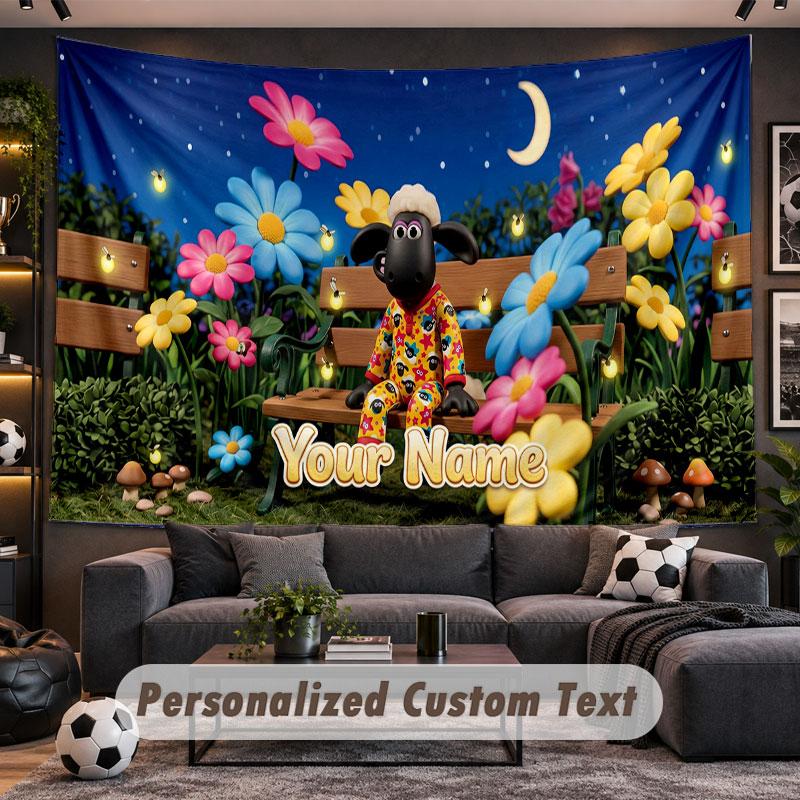 Wall Hanging Tapestry Custom NameShaun the Sheep Pattern Personalized Printed Fabric Wall Decor