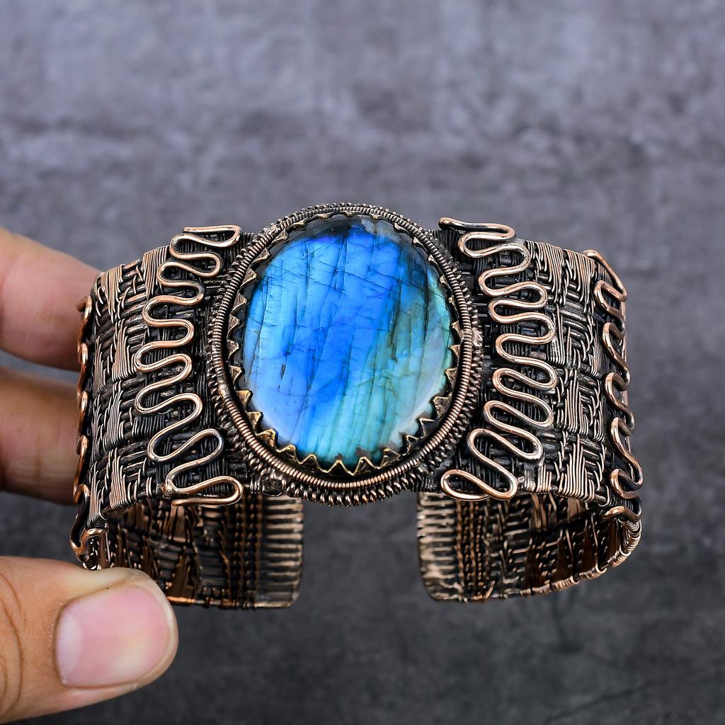 Natural Labradorite Gemstone Copper Wire Wrap Cuff Bangle Adjustable F4g51