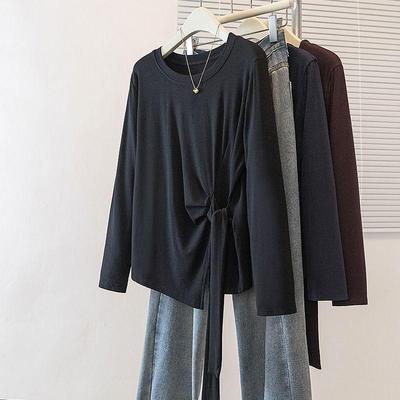 Women's Plus Size Korean Lace-Up Long Sleeve T-Shirt - Slimming, Loose Fit, Belly Covering, Solid Color, Spring/Autumn Fashion Top.