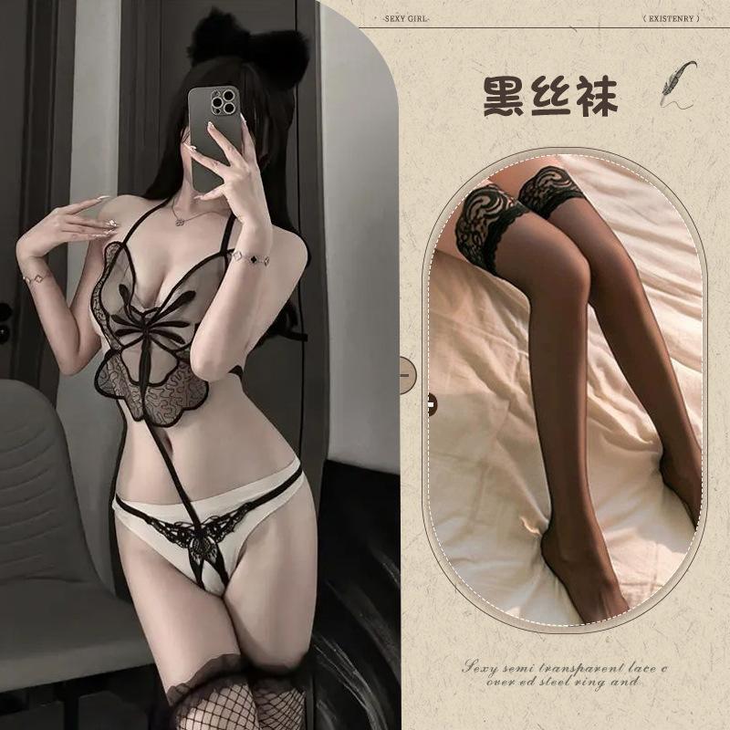 Sexy Lingerie Butterfly Onesie Three-point Pajamas Lace See-through Underwear No-take Uniform Passion Suit