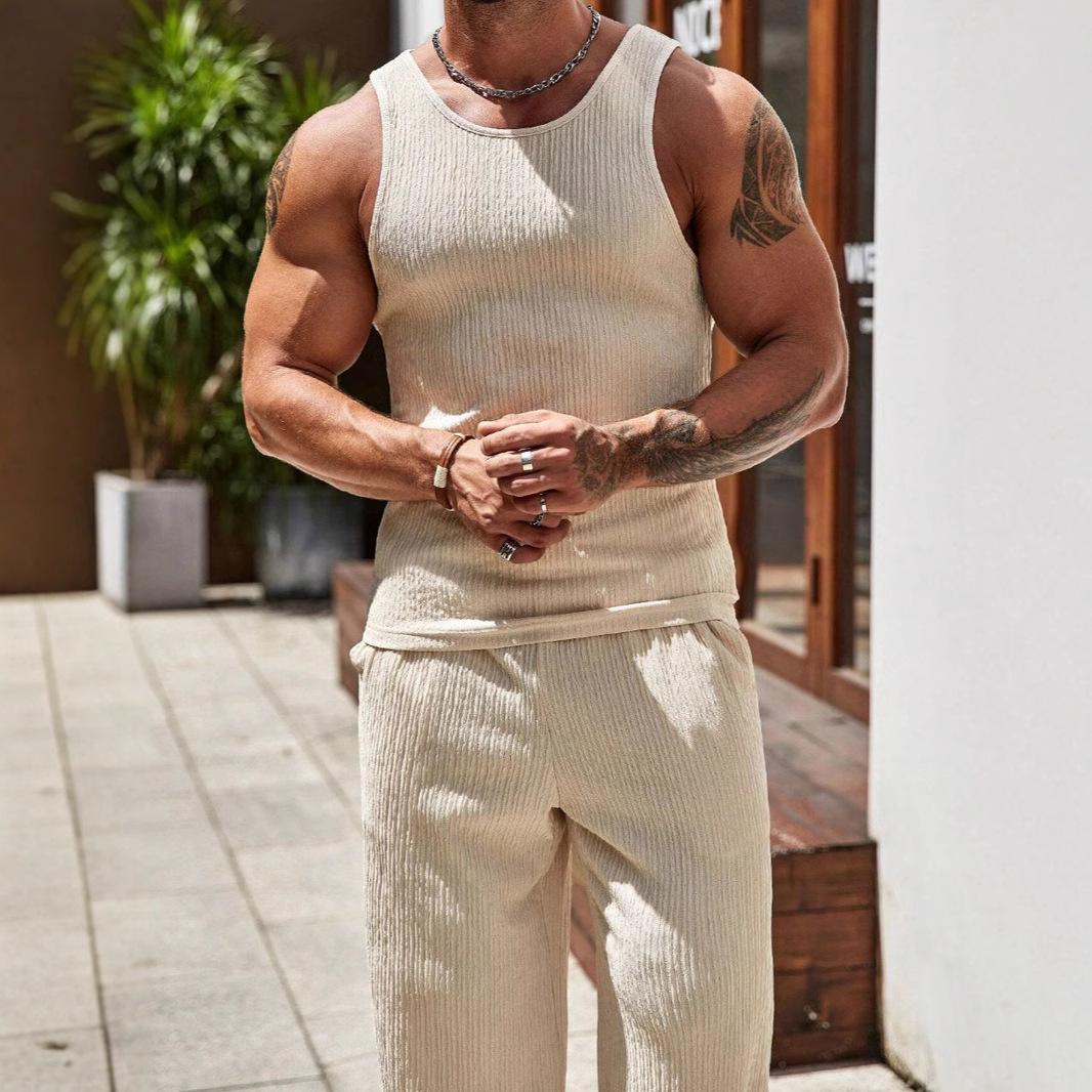 

Мужской бежевый топ без рукавов облегающего кроя с брюками широкого кроя, повседневный уличный наряд для спортзала и на каждый день M абрикосовый