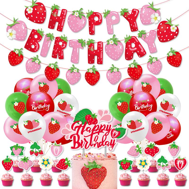 Lovely Strawberry Theme Party Supply Paper Banner Cake Topper Pink Latex Balloons Girl Birthday Baby Shower Parties Decoration