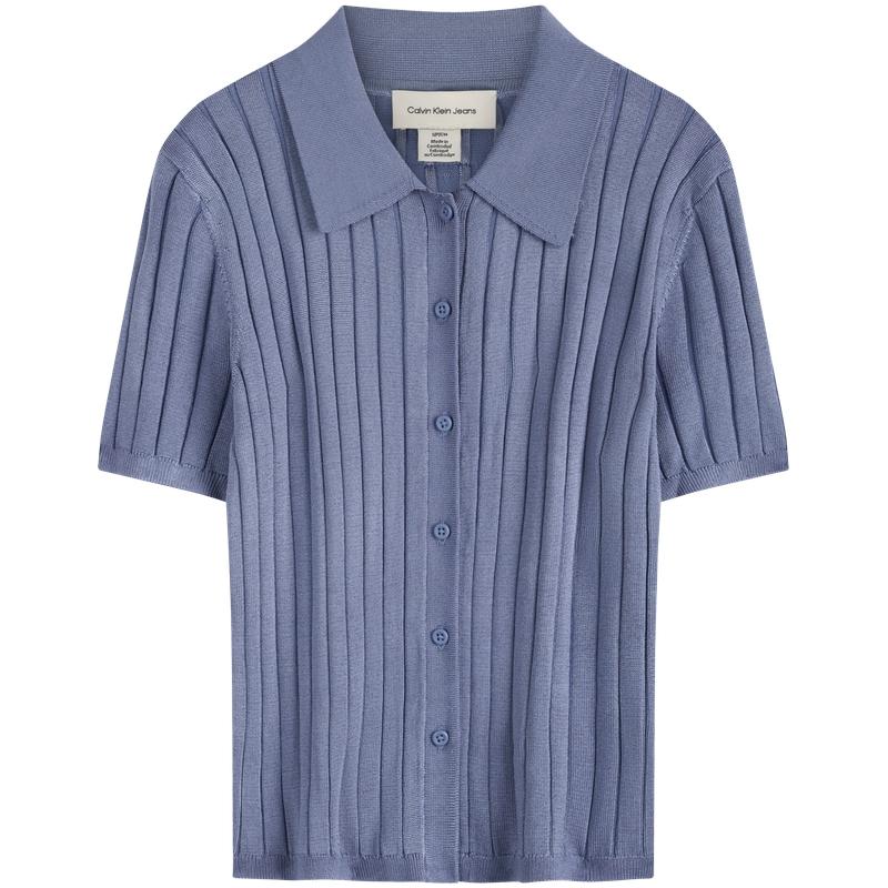 

Calvin Klein Casual Striped Texture Polo Short Sleeve Knit Top Women tops Dark-Blue 47AB304-RLW XS