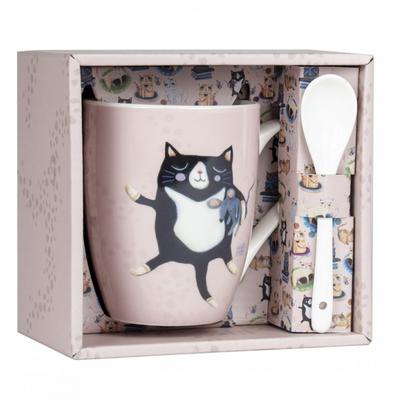 [A1991] - Porcelain Mug + Spoon 'Allen Designs' Pink (cat) - 105x80mm
