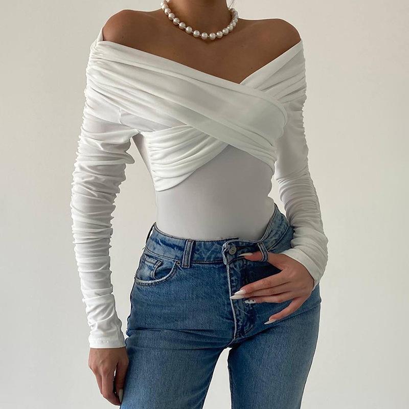 European and American Spring and Autumn V-neckline Shoulder Pleated Long Sleeved Tight Fitting Jumpsuit for Women