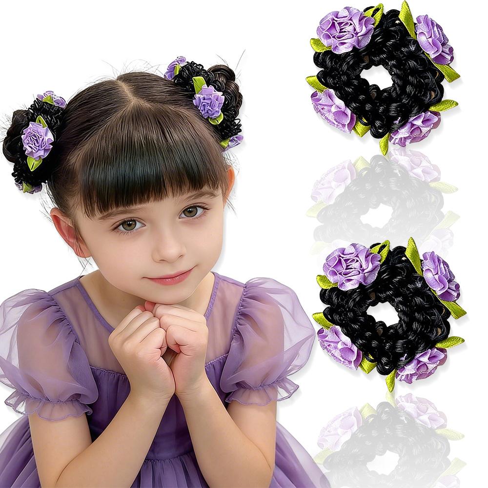 Aylhfo Girls' Spring 2pcs Colorful Flower Wig Scrunchies/Cute Bohemian Style Fabric Flower Wig Ponytail Hair Ties