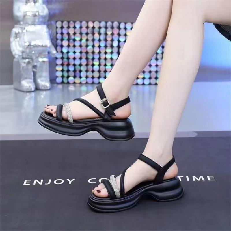 Fashion Summer 2024 New Roman Sandals for Women Shoes Peep Toe Rhinestone Ankle Buckle Comfort Increasing Height Sole Sandal