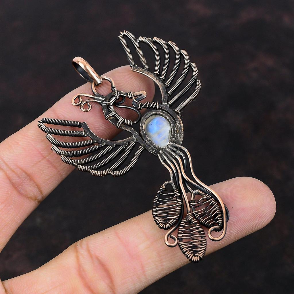 Rainbow Moonstone Pendant Copper Wire Wrapped Pendant Handmade Ethnic Jewelry Phoenix Bird Pendant Copper Jewelry Gemstone Pendant For Gift
