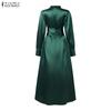 ZANZEA Women Casual Stand Collar Loose Long Sleeve Satin Dress