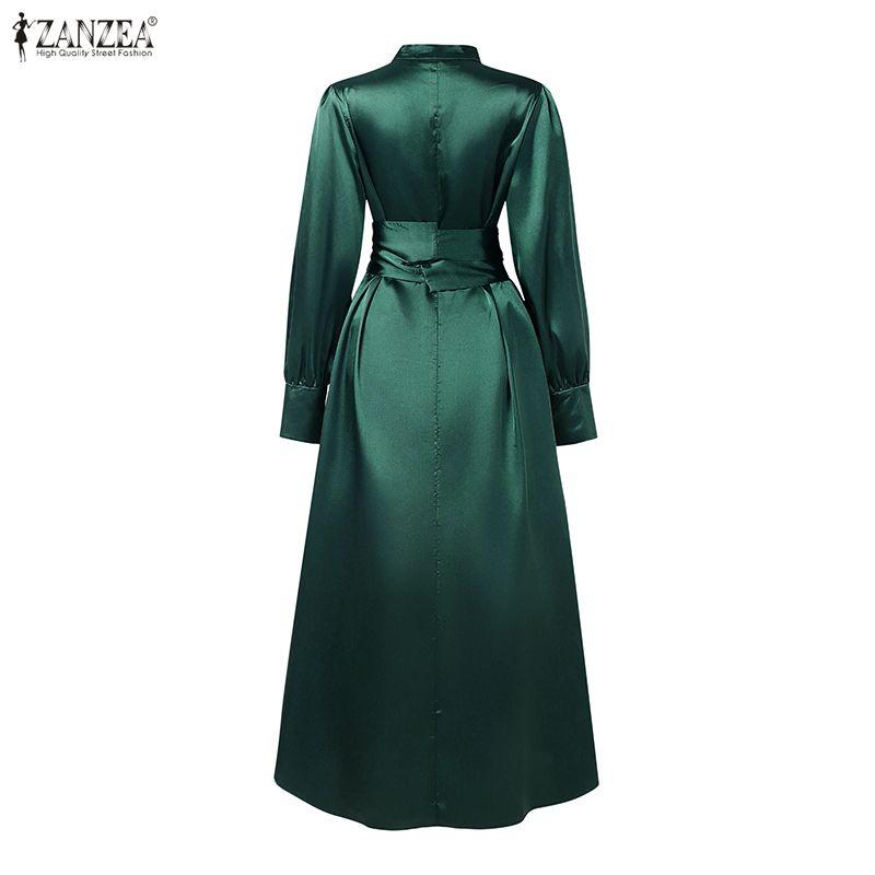 ZANZEA Women Casual Stand Collar Loose Long Sleeve Satin Dress