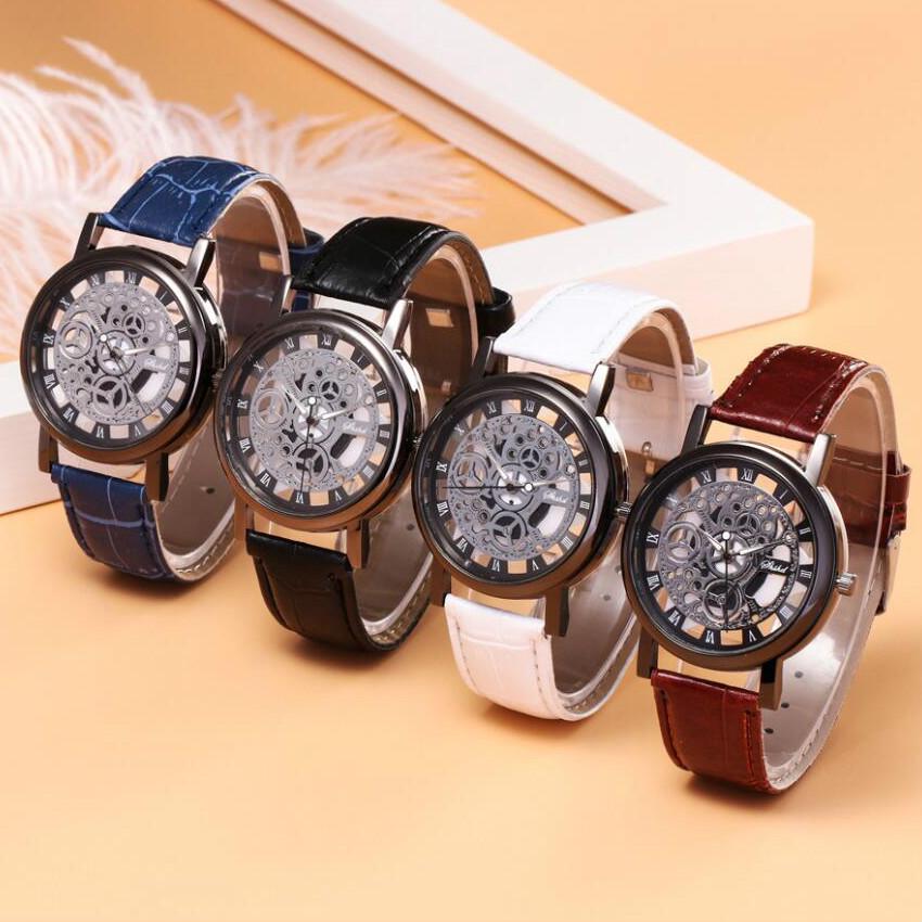 Luxury Stainless Steel Quartz Military Sport Leather Band Dial Hollow Wrist Watch JRY