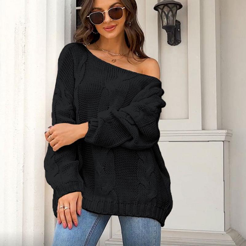 Ladies Autumn Winter Lantern Sleeve Flat Shoulder Pullover Solid Color Loose Knitted Sweater Knitwear Top