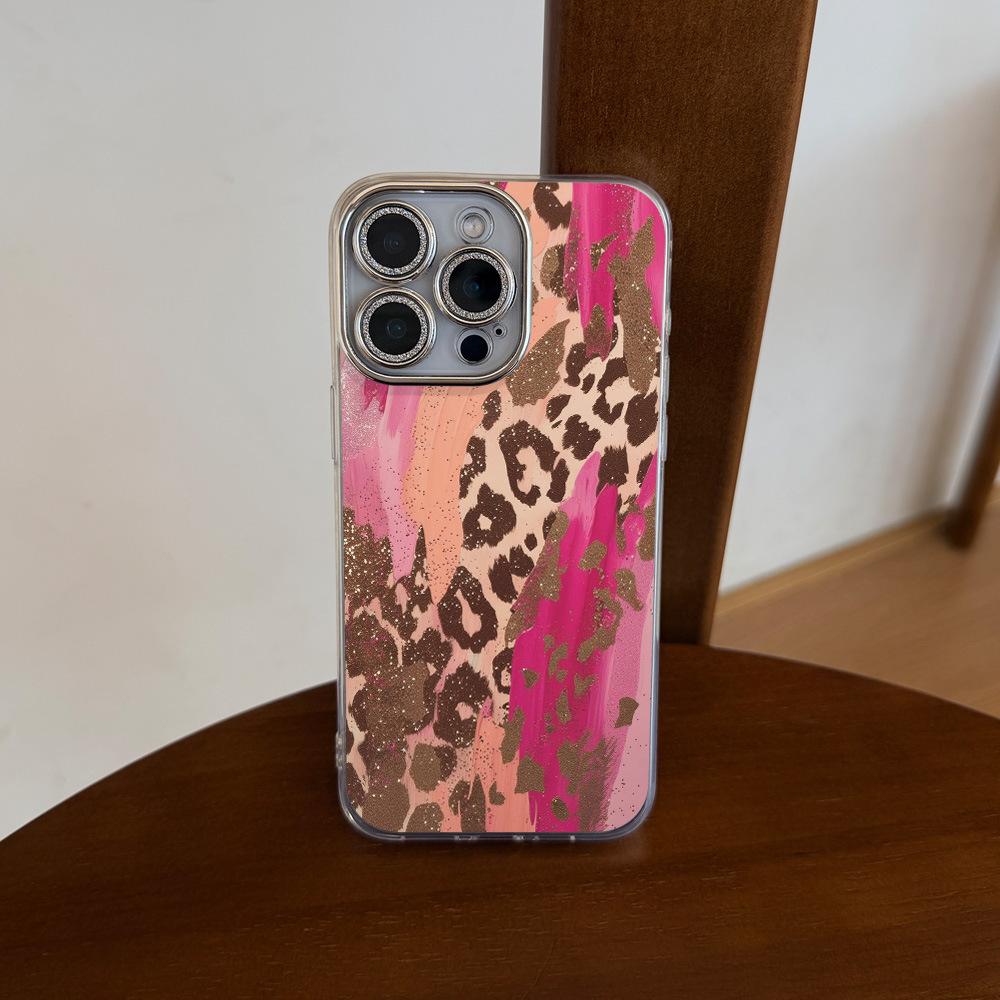Rose Red Leopard Print Acrylic Compatible for 15/14 for 17 AIR Glitter Pink Lens Drop-Resistant Phone Case