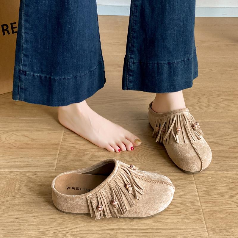 New Women's Flat Shoes Cover Toe Increased Internal Fringe String Bead Slippers Fashion All-match Spring and Autumn Single Shoes