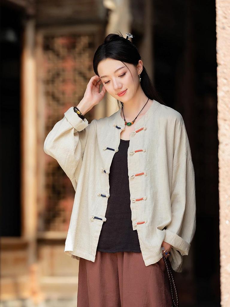 Women's Retro Chinese Style Cotton Linen Frog Button Cardigan - Zen Ramie Wrap Top